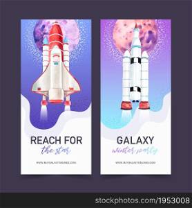 Galaxy flyer design with rocket, Neptune illustration watercolor.