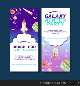 Galaxy flyer design with rocket, solar system illustration watercolor.
