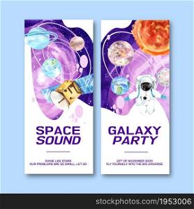 Galaxy flyer design with satellite, astronaut, solar system illustration watercolor.