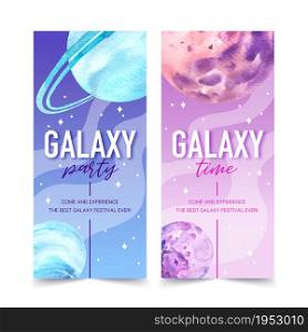 Galaxy flyer design with Saturn, Neptune illustration watercolor.
