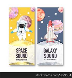 Galaxy flyer design with spaceman, Saturn, rocket illustration watercolor.