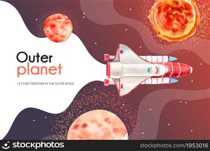 Galaxy frame design with sun, rocket illustration watercolor.