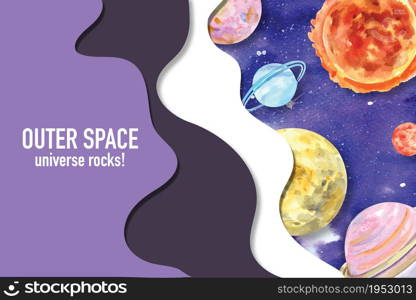 Galaxy frame design with sun, Saturn, Venus illustration watercolor.