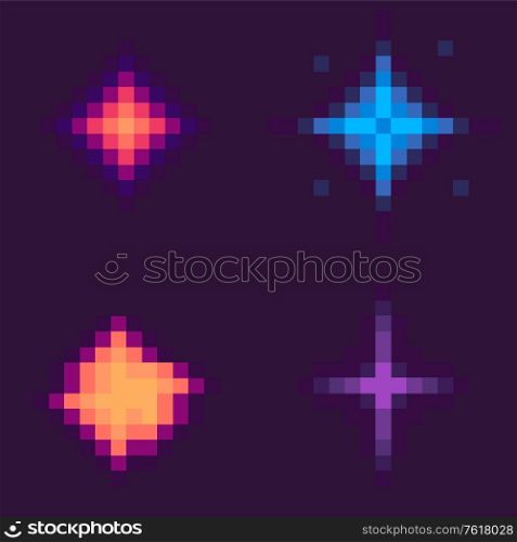 Galaxy game vector, pixel stars and burst isolated icons of pixelated design, 8 bit graphics flat style, elements of retro gaming, celestial dust. Stars Set, Pixel Space Game Icons, Starry Galaxy
