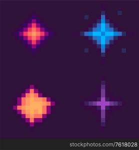 Galaxy game vector, pixel stars and burst isolated icons of pixelated design, 8 bit graphics flat style, elements of retro gaming, celestial dust. Stars Set, Pixel Space Game Icons, Starry Galaxy