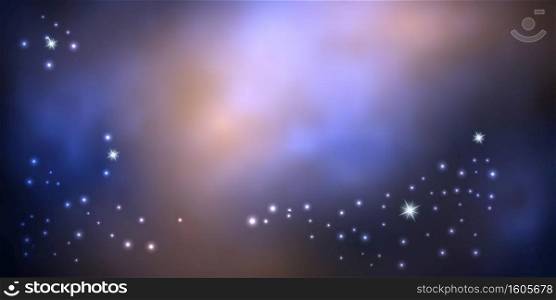Galaxy night sky. Colorful  night sky with shiny star dust and nebula.  Blue clouds and sunset, abstract backdrop. Vector illustration