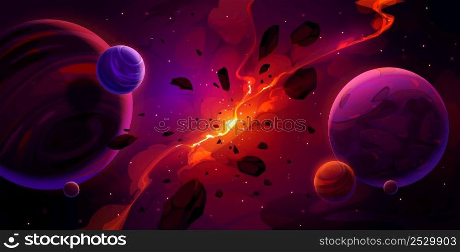 Galaxy, outer space background with planets and explosion with fire, smoke and flying stone debris. Vector cartoon fantastic illustration of blast in cosmos after catastrophe or collision. Outer space background with planets and explosion