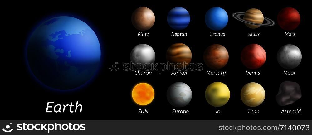 Galaxy planets icon set. Realistic set of galaxy planets vector icons for web design isolated on white background. Galaxy planets icon set, realistic style