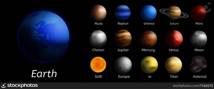 Galaxy planets icon set. Realistic set of galaxy planets vector icons for web design isolated on white background. Galaxy planets icon set, realistic style