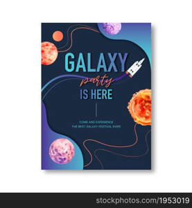 Galaxy poster design with Venus, Neptune, sun, rocket illustration watercolor.