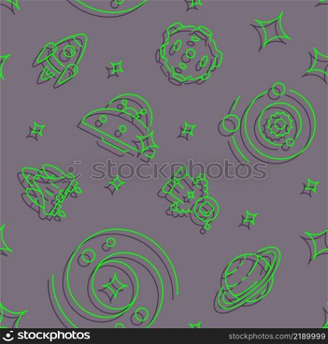 Galaxy research abstract seamless pattern. Vector shapes on grey background. Trendy texture with cartoon color icons. Design with graphic elements for interior, fabric, website decoration. Galaxy research abstract seamless pattern