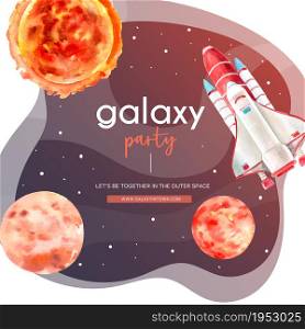 Galaxy social media design with sun, Venus, rocket illustration watercolor.