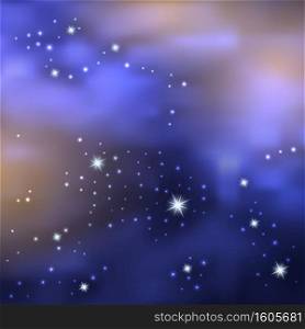 Galaxy space background, blue night sky with shiny star nebula. Vector illustration