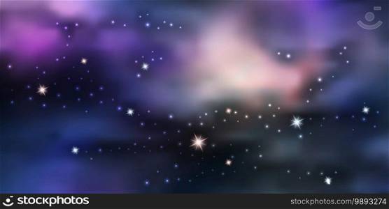 Galaxy space background. Night sky sith star nebula and aurora borealis. Glowing stardust, blue and purple colors shine. Vector illustration