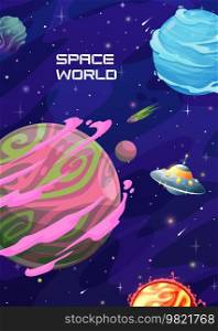Galaxy space landscape, planets and stars. Vector poster with alien ufo saucer flying in fantasy cosmic world. Extraterrestrial interstellar travel in Universe with asteroids, stars, comets or planets. Galaxy space landscape, planets and stars poster
