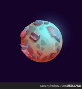 Galaxy space planet with volcano and stone surface. Alien galaxy fantastic world game design element, cartoon vector icon. Kids comic planet with rocks, canyons and mountains cliffs. Galaxy space planet with volcano and stone surface