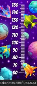 Galaxy space planets, rockets and starships. Kids height chart, growth measure or children vector height chart sticker, child growth centimeters scale with fantasy galaxy planets and alien spaceships. Galaxy space planets, rockets on kids height chart
