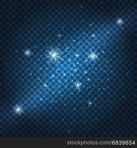 Galaxy sparkly blue background. Galaxy sparkly blue background. Glamorous lights and particles on transparent background. Vector illustration