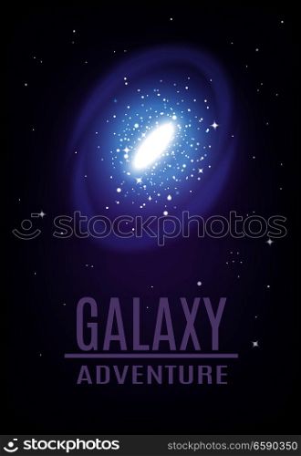 Galaxy spiral realistic composition with colourful image of starry arch and cluster of stars with editable text vector illustration. Cosmic Galaxy Adventure Background