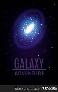 Galaxy spiral realistic composition with colourful image of starry arch and cluster of stars with editable text vector illustration. Cosmic Galaxy Adventure Background