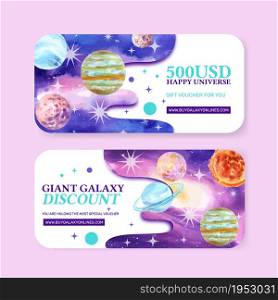 Galaxy ticket design with Jupiter, Neptune, Uranus illustration watercolor.