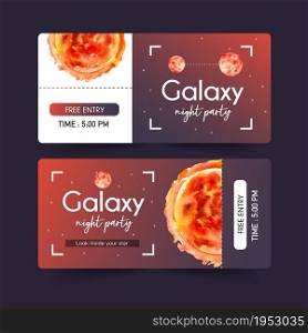 Galaxy ticket design with Venus, sun illustration watercolor.