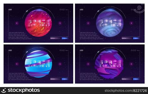 Galaxy travel cartoon landing page with planets in outer space, cosmic objects in dark starry sky. Cosmos and Universe exploration adventure, scientific trip, futuristic fantasy vector web banner. Galaxy travel cartoon landing page with planets