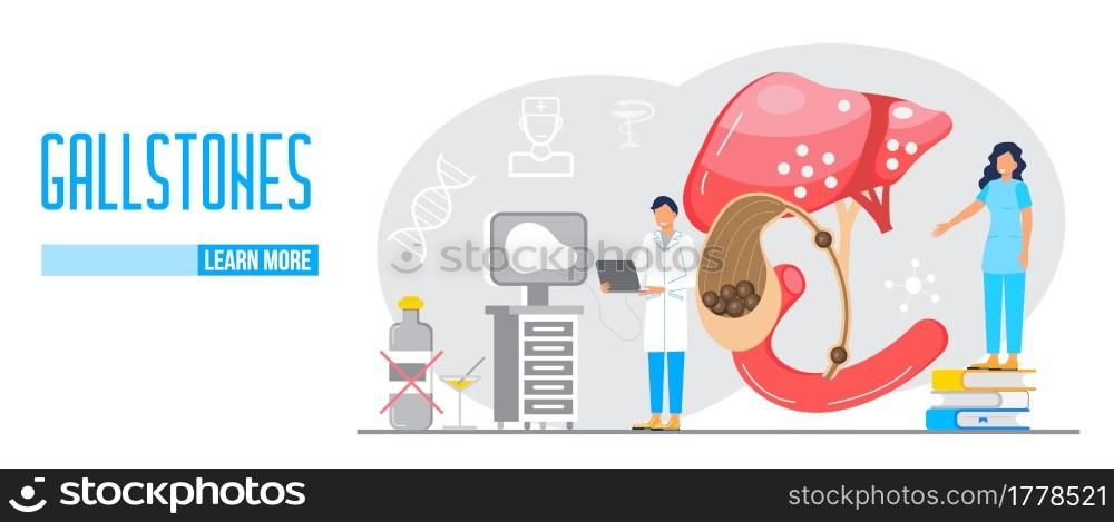 Gallbladder concept vector. Doctors treat gallstones. Biliary dyskinesia ptoblems. Web, landing page template for medical website, banner. Medical supplies and pills are shown.. Gallbladder concept vector. Doctors treat gallstones. Web, landing page