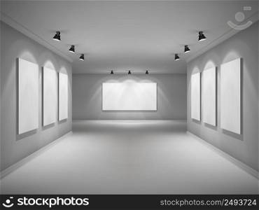 Gallery 3d realistic interior with empty picture frames in spotlights vector illustration