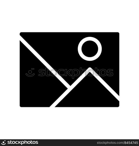 Gallery button black glyph icon. Add picture to website. Online business process. Visual content making. Silhouette symbol on white space. Solid pictogram. Vector isolated illustration. Gallery button black glyph icon