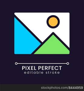 Gallery button pixel perfect RGB color icon for dark theme. Add picture to website. Online business. Simple filled line drawing on night mode background. Editable stroke. Poppins font used. Gallery button pixel perfect RGB color icon for dark theme