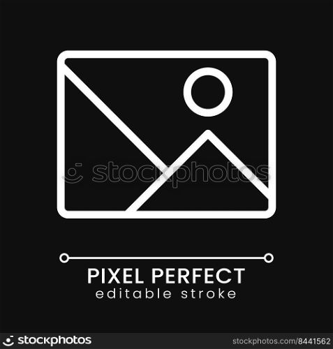 Gallery button pixel perfect white linear icon for dark theme. Add picture to website. Online business. Thin line illustration. Isolated symbol for night mode. Editable stroke. Poppins font used. Gallery button pixel perfect white linear icon for dark theme