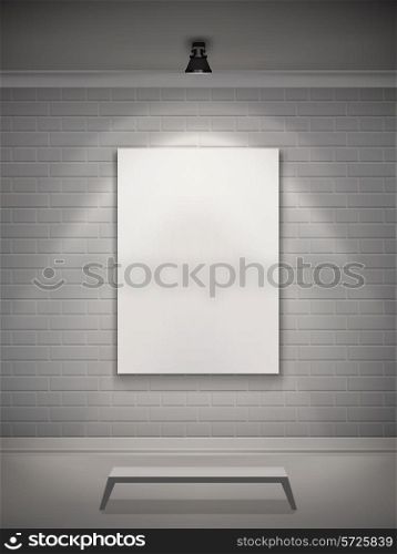 Gallery interior realistic with picture frame in lamp spotlight and bench vector illustration