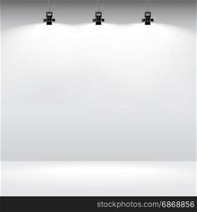 Gallery interior template.. Room with white empty wall and spotlight. Vector illustration of gallery interior template.