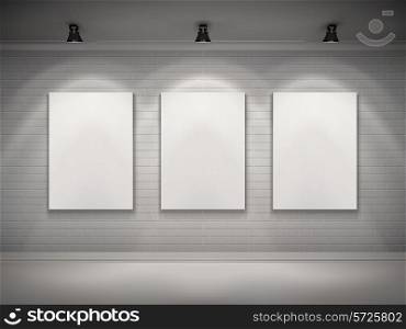 Gallery interior with blank placard set in spotlights background vector illustration