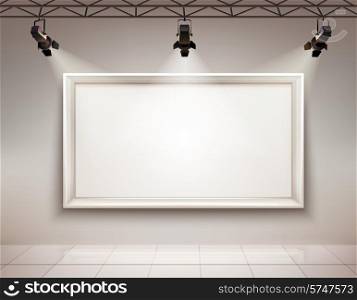 Gallery room interior with blank picture frame illuminated with spotlights realistic 3d vector illustration