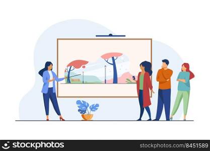 Gallery visitors looking at artwork. Museum guide telling about picture flat vector illustration. Art gallery, culture, exhibition concept for banner, website design or landing web page