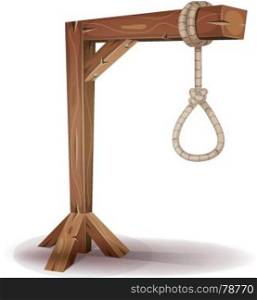 Gallows With Hangman's Rope. Illustration of a cartoon gallows for hangman, with tightrope and slipknot, wood planks and shelves, for death penalty and crime punishment