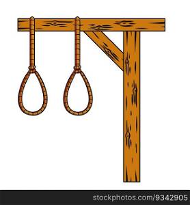 Gallows. Wooden structure for execution. Medieval justice. Place of death. Murder and punishment. Rope with a noose. Cartoon illustration. Gallows. Wooden structure for execution