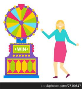Gambler happy of victory vector, isolated fortune wheel with slots and pointer. Character dancing and expressing emotions, winner of money gambling. Roulette Fortune Wheel Gambling Woman Character