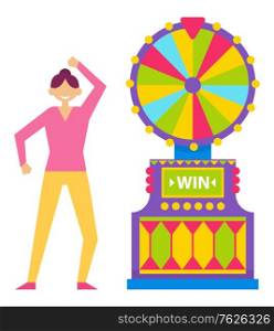 Gambler happy of victory vector, isolated fortune wheel with slots and pointer. Character dancing and expressing emotions, winner of money gambling. Flat cartoon. Roulette Fortune Wheel Gambling Woman Character