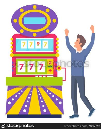 Gambler winning game machine, 777 icons in colorful casino equipment. Smiling man standing near gambling computer, business success, lucky person vector. Gambling Entertainment, Casino Machine, 777 Vector