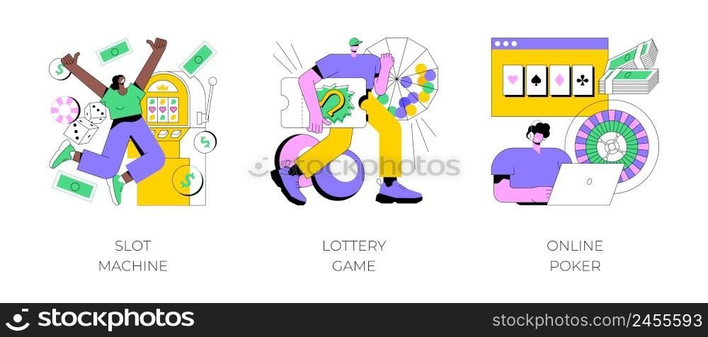 Gambling abstract concept vector illustration set. Slot machine, lottery game ticket, online poker, casino and bingo, jackpot win, internet gambling addiction, big prize TV show abstract metaphor.. Gambling abstract concept vector illustrations.