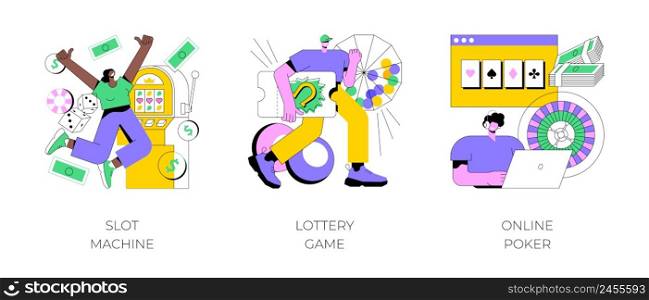 Gambling abstract concept vector illustration set. Slot machine, lottery game ticket, online poker, casino and bingo, jackpot win, internet gambling addiction, big prize TV show abstract metaphor.. Gambling abstract concept vector illustrations.