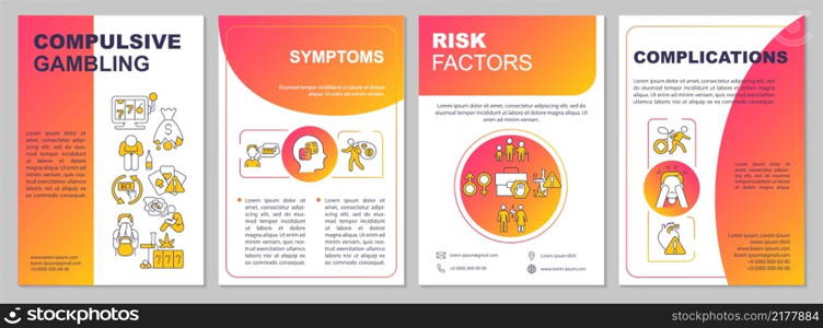 Gambling addiction red gradient brochure template. Mental disorder. Booklet print design with linear icons. Vector layouts for presentation, annual reports, ads. Arial, Myriad Pro-Regular fonts used. Gambling addiction red gradient brochure template