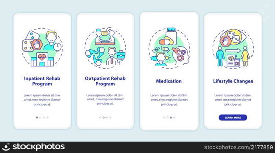 Gambling addiction treatment onboarding mobile app screen. Rehab walkthrough 4 steps graphic instructions pages with linear concepts. UI, UX, GUI template. Myriad Pro-Bold, Regular fonts used. Gambling addiction treatment onboarding mobile app screen