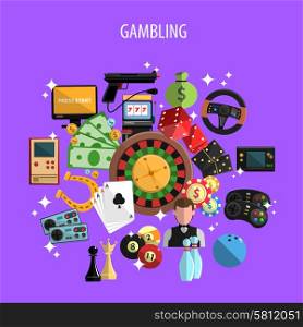 Gambling And Games Concept . Gambling and games concept with roulette cards and bowling on violet background flat vector illustration