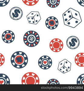 Gambling and playing in casino, chips and dices. Background or print, cubes with dots and circle objects with dollar and heart signs. Leisure and time spending. Seamless pattern, vector in flat style. Casino chips and dice, gambling seamless pattern