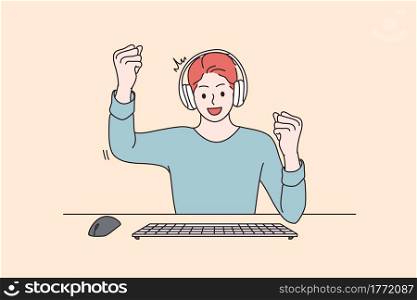 Gambling and winning victory concept. Cheerful enthusiastic happy man cartoon character gamer sitting winning computer game gesticulating vector illustration . Gambling and winning victory concept.