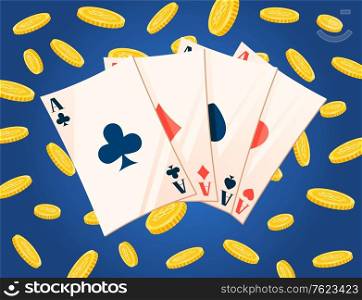 Gambling cards and golden coins award, business success. Four ace, win jackpot, casino entertainment, poker logo, fortune and currency, rich symbol vector. Flat cartoon. Currency and Playing Cards, Ace and Coins Vector